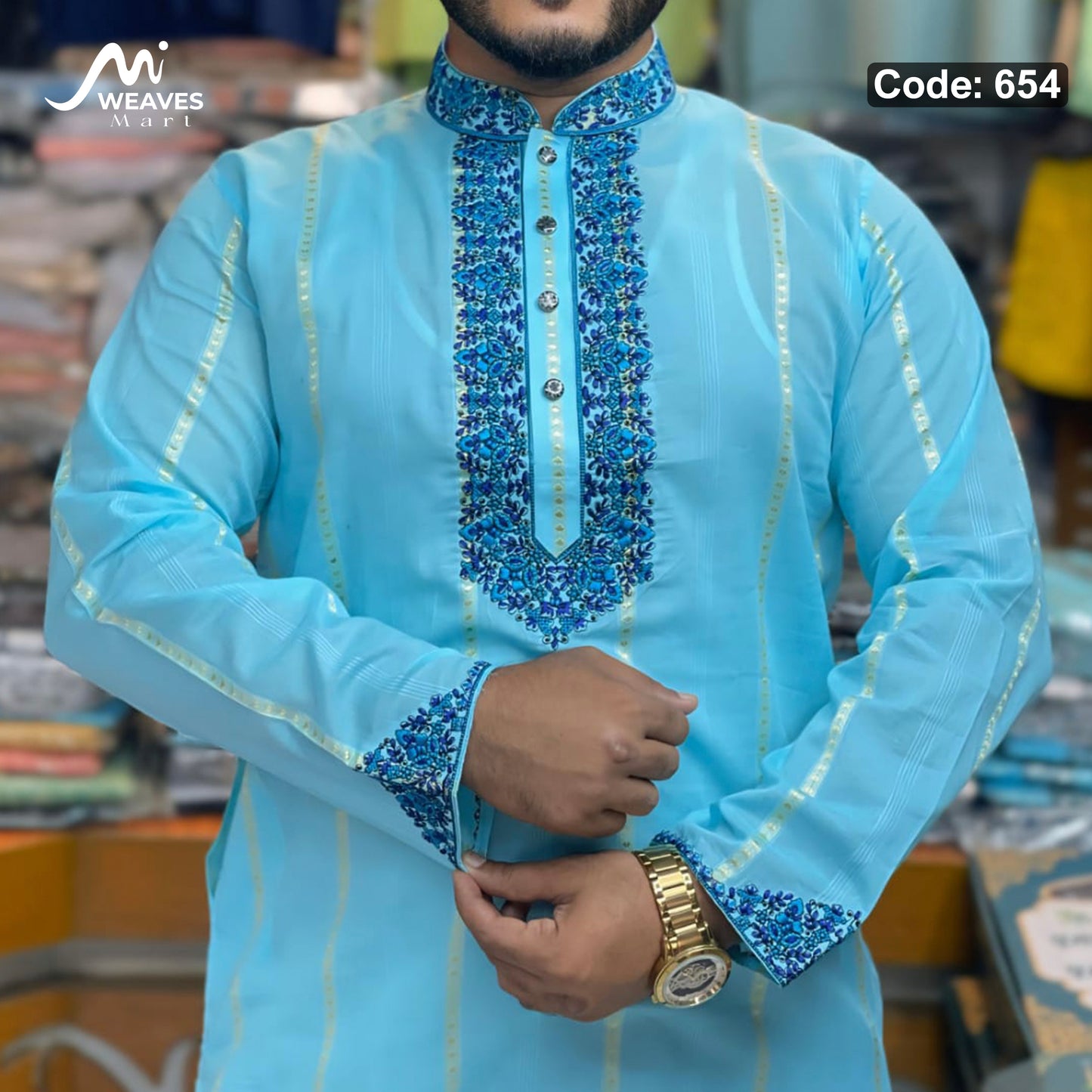 অরজিনিয়াল আকাশী ধুতি সুতি টিস্যু সফট পাঞ্জাবি - 654